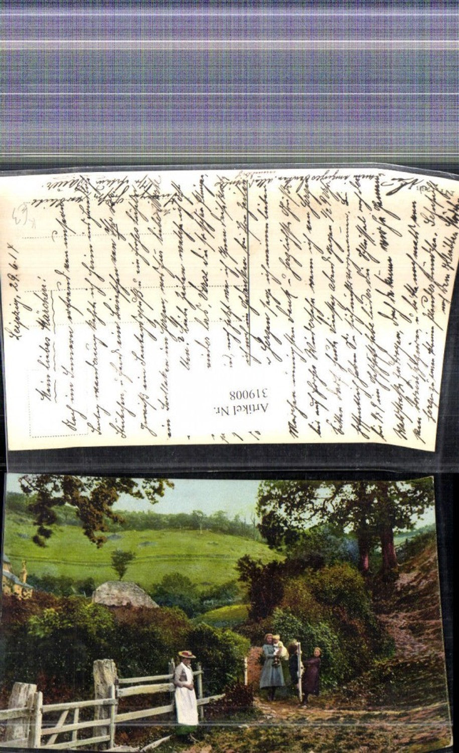 319008,Künstler Ak Frauen Kinder v. Holzzaun Zaun Landschaft
