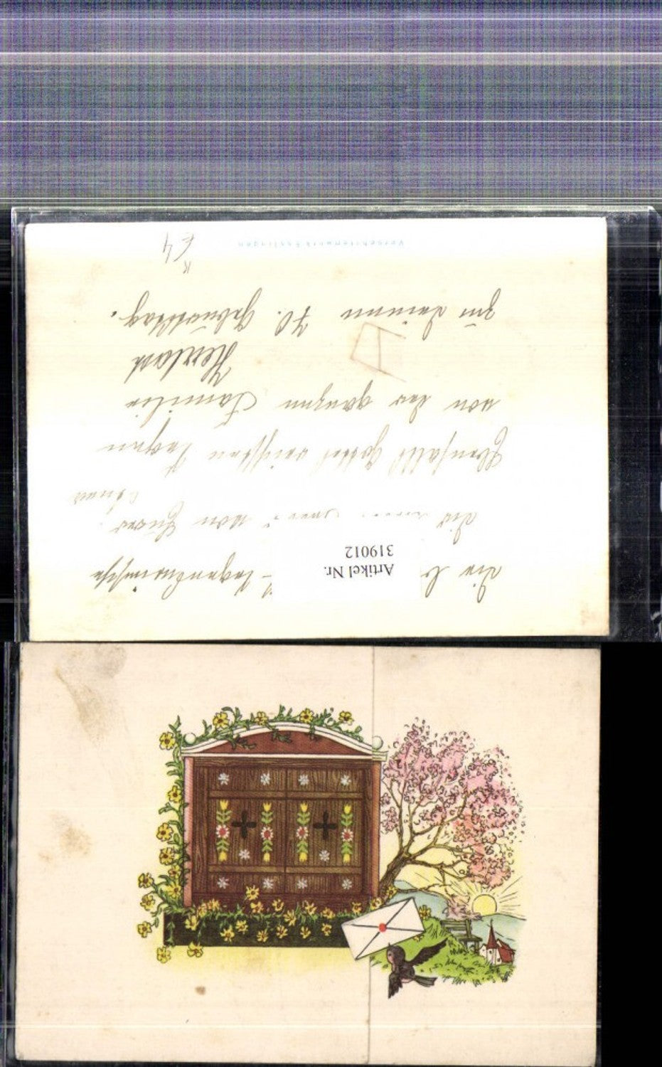 319012,Künstler Ak Klappbar Frau a. Fenster Brief Schwalbe Blumen
