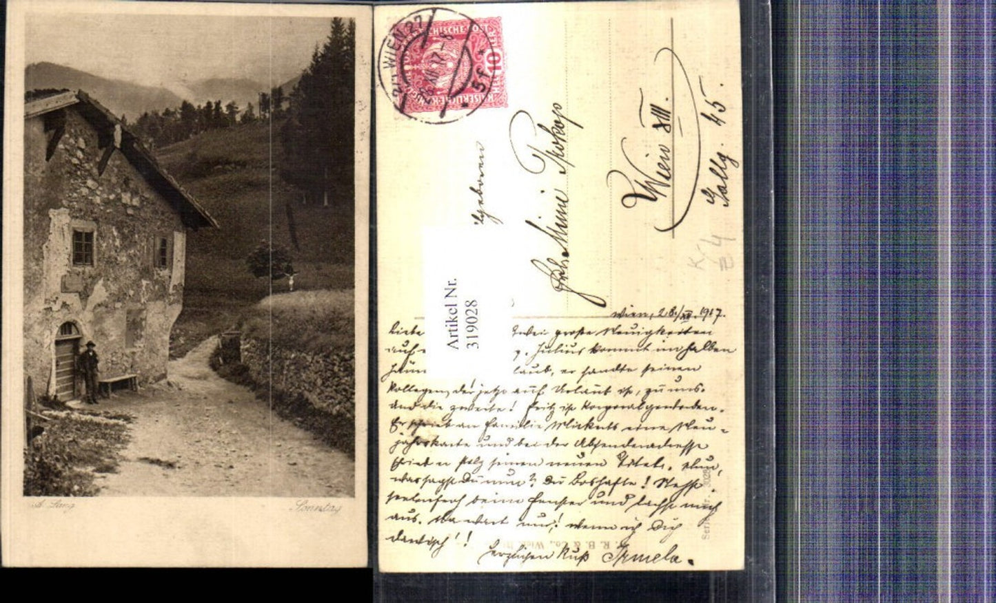 319028,Künstler Ak A. Lang Sonntag Mann v. Haus stehend Landschaft Wegkreuz