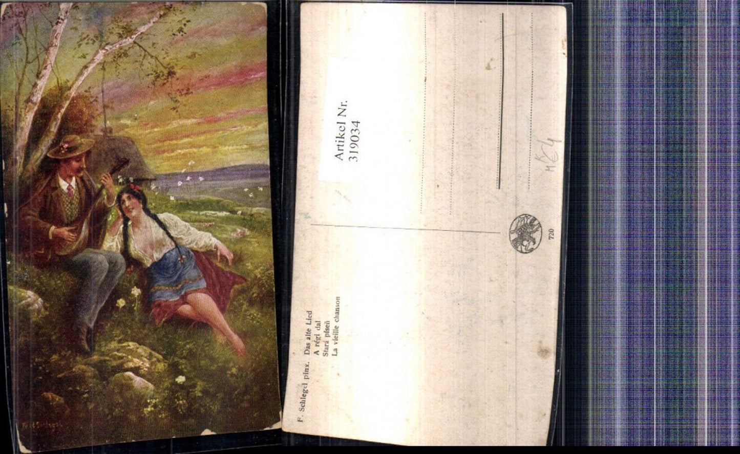 319034,Künstler Ak F. Schlegel Das Alte Lied Mann spielt Mandoline Frau Landschaft