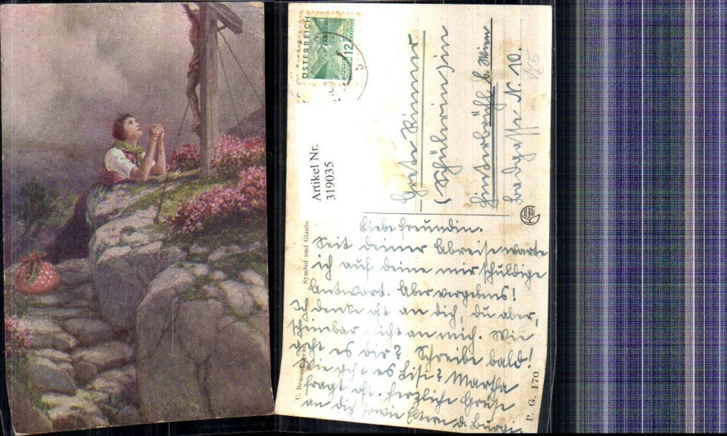 319035,Künstler Ak C. Benesch Symbol und Glaube Frau betet v. Kreuz pub Kilophot P. G. 170