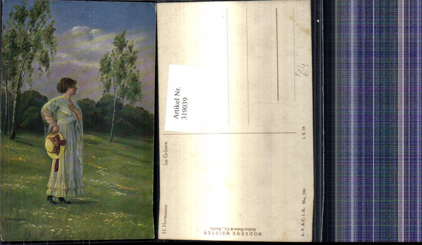 319039,Künstler Ak H. Hermanns Im Grünen Frau m. Hut Garten Birken Landschaft