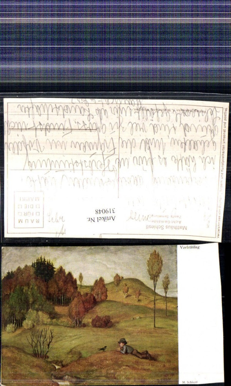 319048,Künstler Ak Matthäus Schiestl Vorfrühling Bub Junge Vogel Bach Landschaft