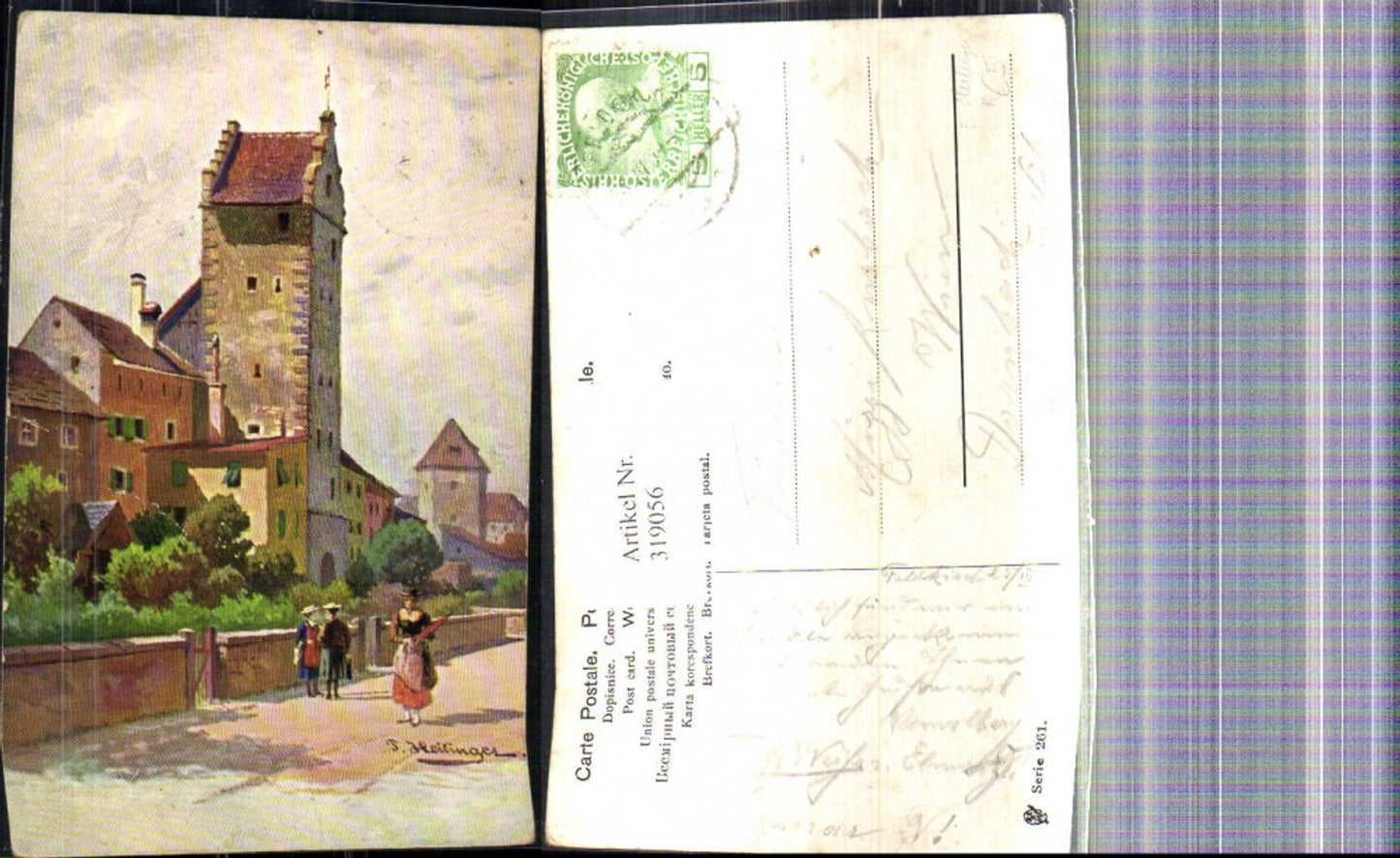 319056,Künstler Ak F. Heilinger Stadtturm Turm Frauen a. Straße