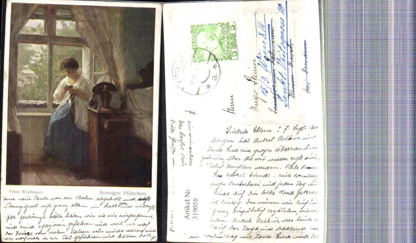 319058,Künstler Ak Franz Windhager Sonniges Plätzchen Frau b. Sticken Nähen a. Fenster