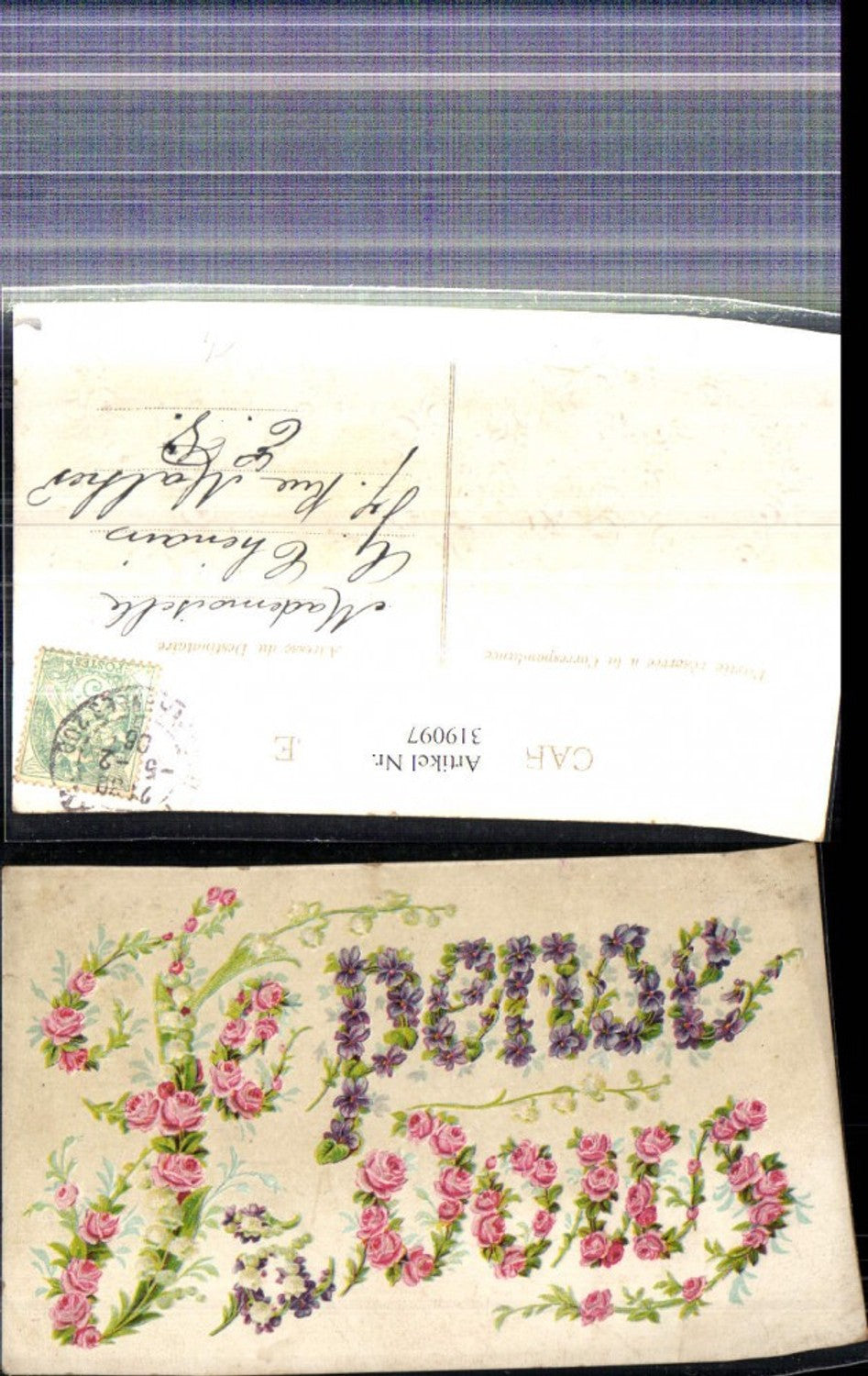 319097,Präge Künstler Ak Blumensprache Blumen Buchstaben Rosen Veilchen