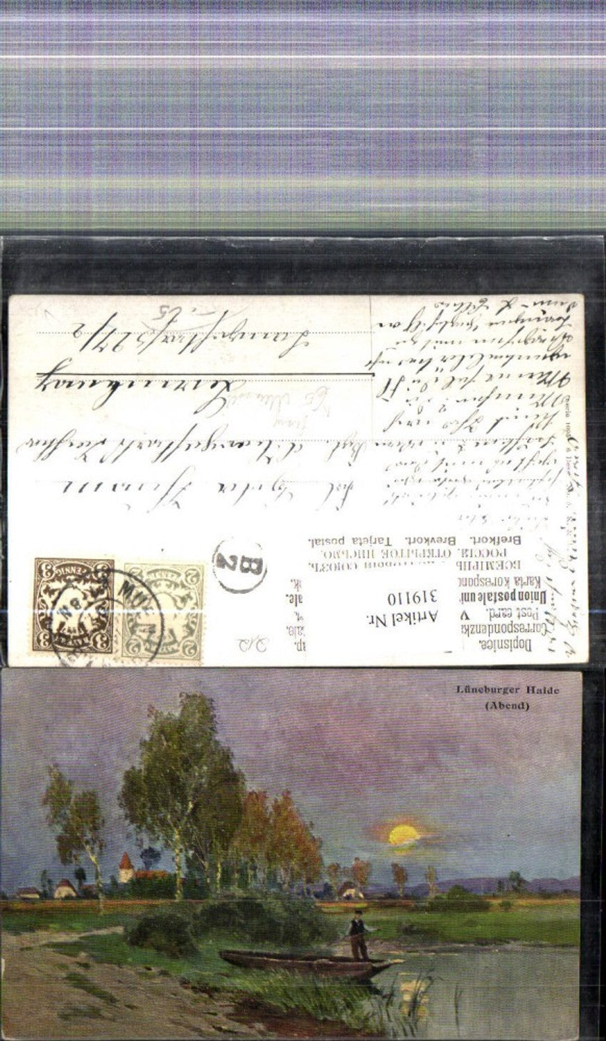 319110,Künstler Ak Georg Meinzolt Lüneburger Heide Abend Mann a. Boot Landschaft