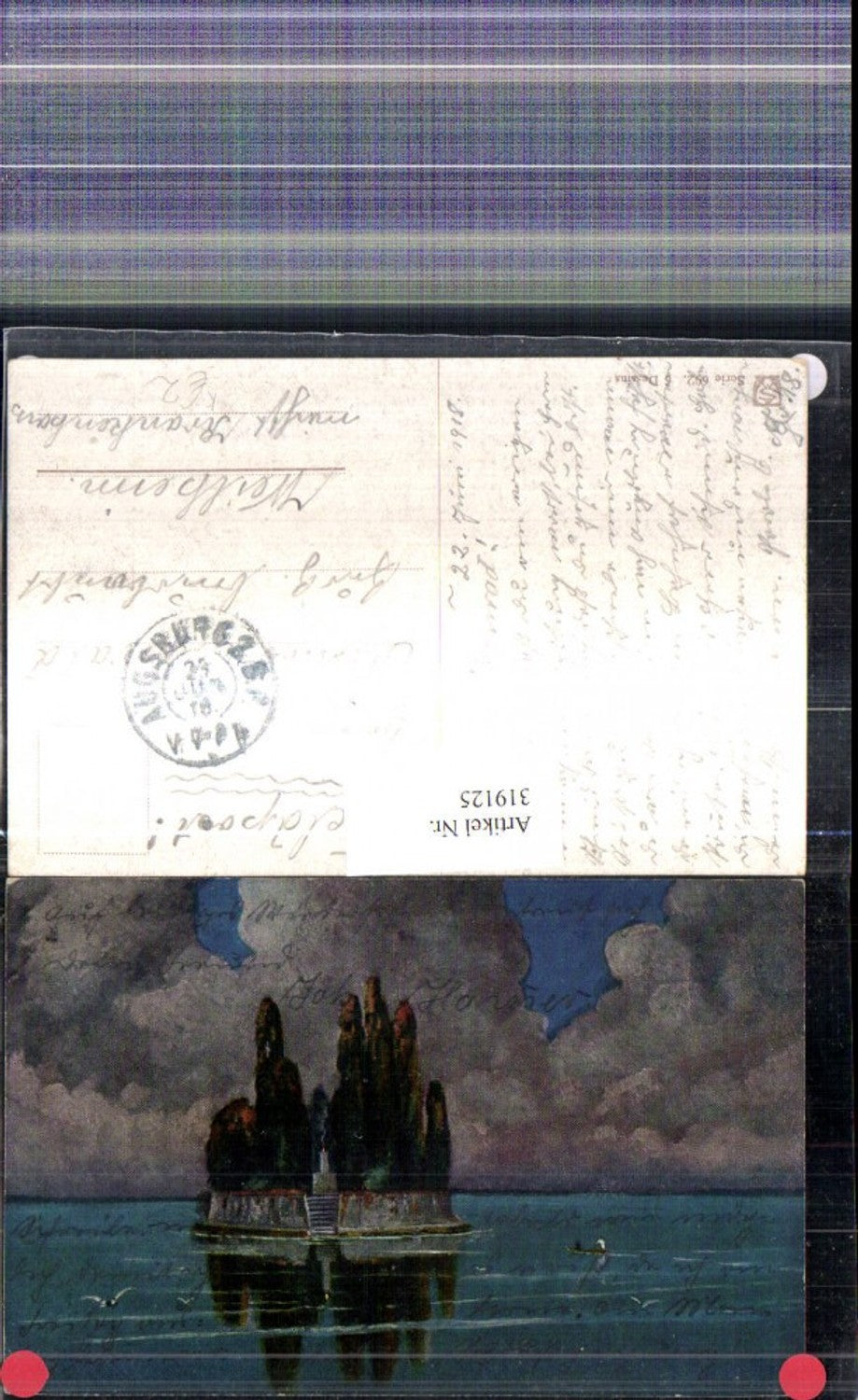 319125,Künstler Ak Insel Feuer a. Säule Ruderboot Vögel