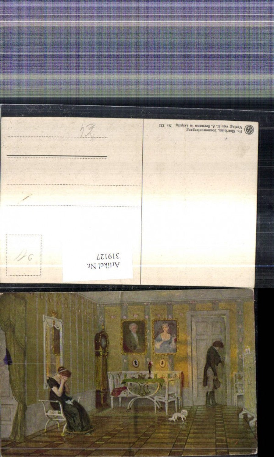 319127,Künstler Ak Fr. Skarbina Sonnenuntergang Frau weinend Hund Mann Abschied Tür