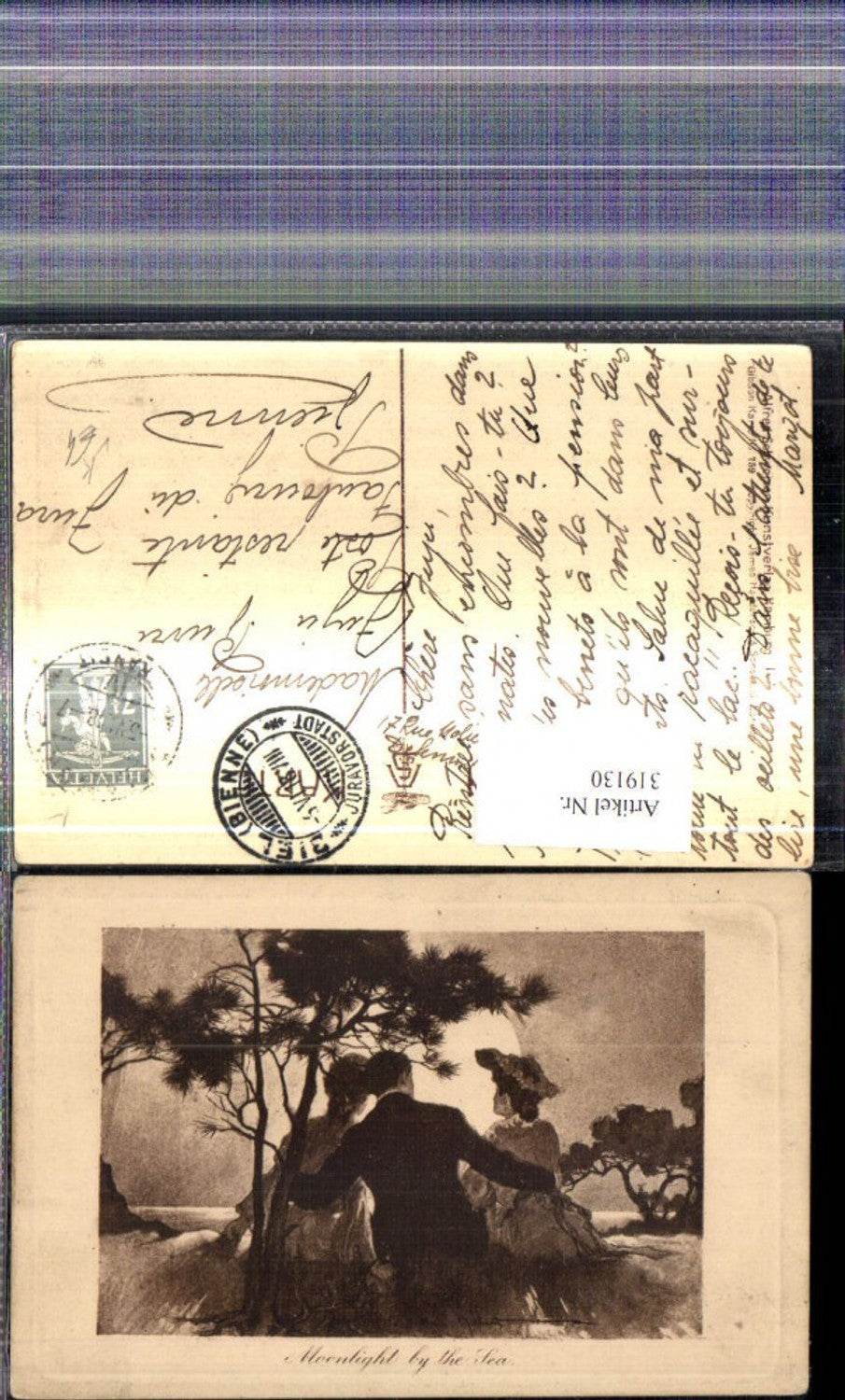 319130,Künstler Ak Moonlight by the Sea Mann m. Frauen pub Alfred Schweizer Gibson Karte  759