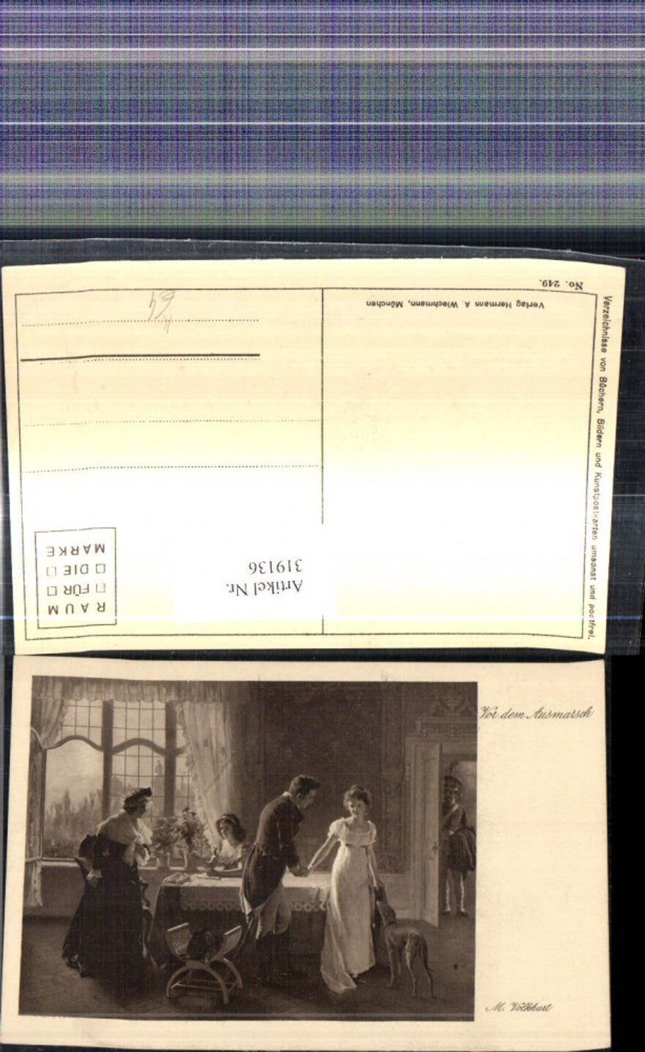 319136,Künstler Ak M. Volkhart Vor dem Ausmarsch Paar Händchenhalten Hund