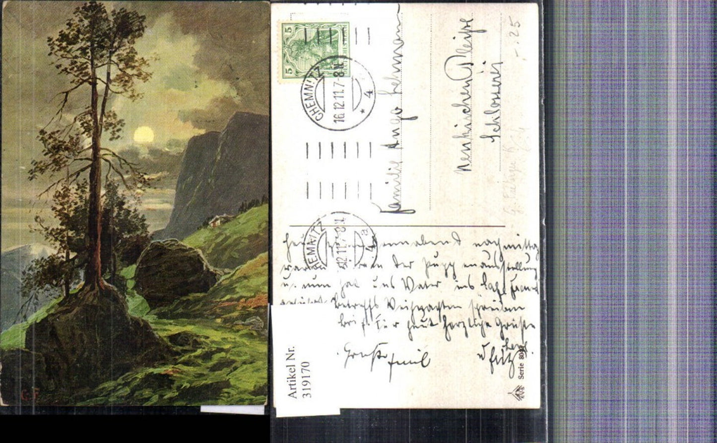 319170,Künstler Ak G. Fiebiger Baum a. Felsen Gebirgslandschaft Stimmungsbild