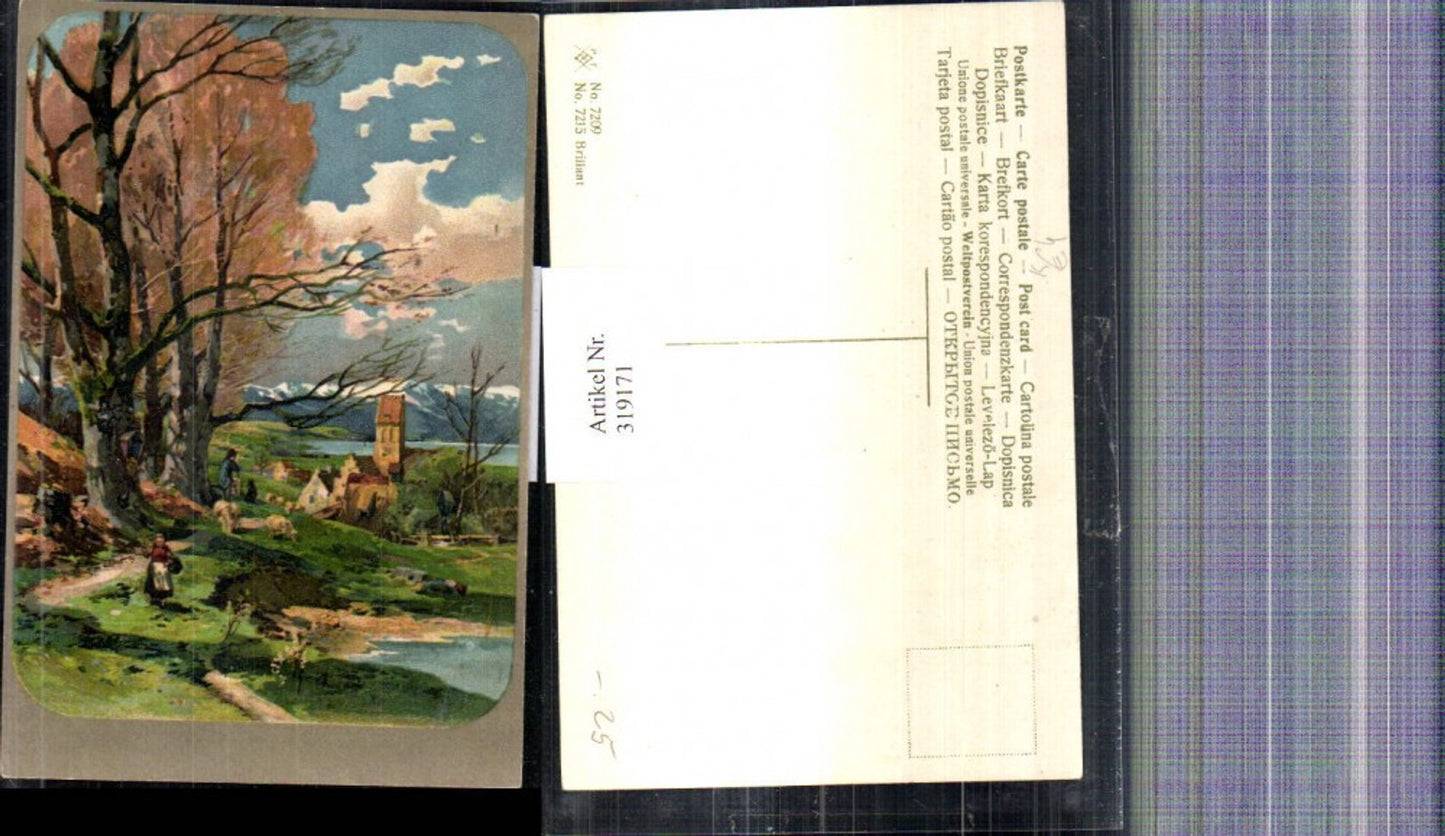 319171,Künstler Ak Hirte Schafe Frau Dorf i. Hintergrund Landschaft