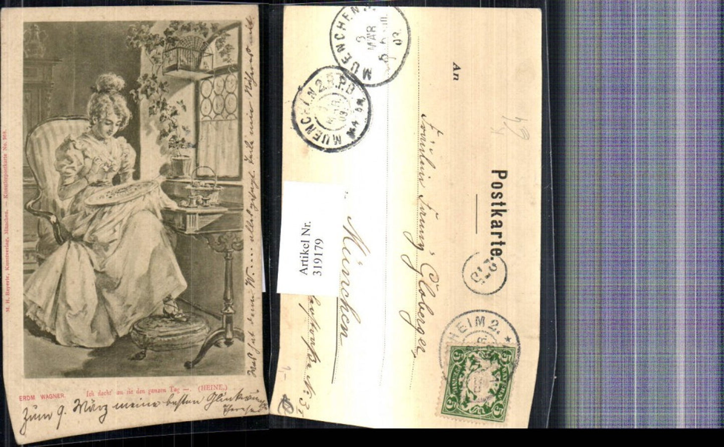 319179,Künstler Ak Ernst Wagner Ich dacht an sie den ganzen Tag Frau Sticken Handarbeit