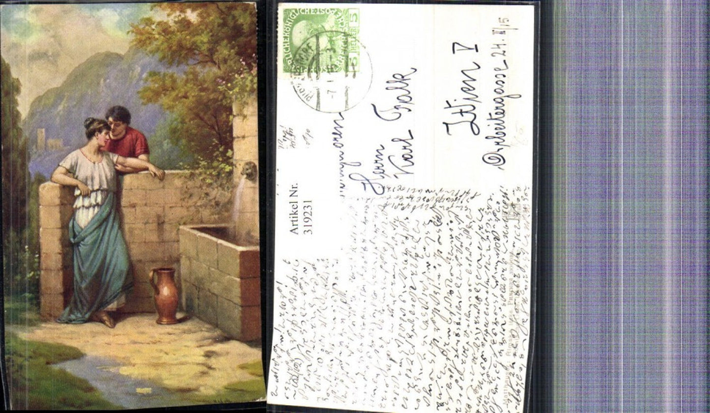 319231,Künstler Ak Paar b. Mauer Brunnen Liebe