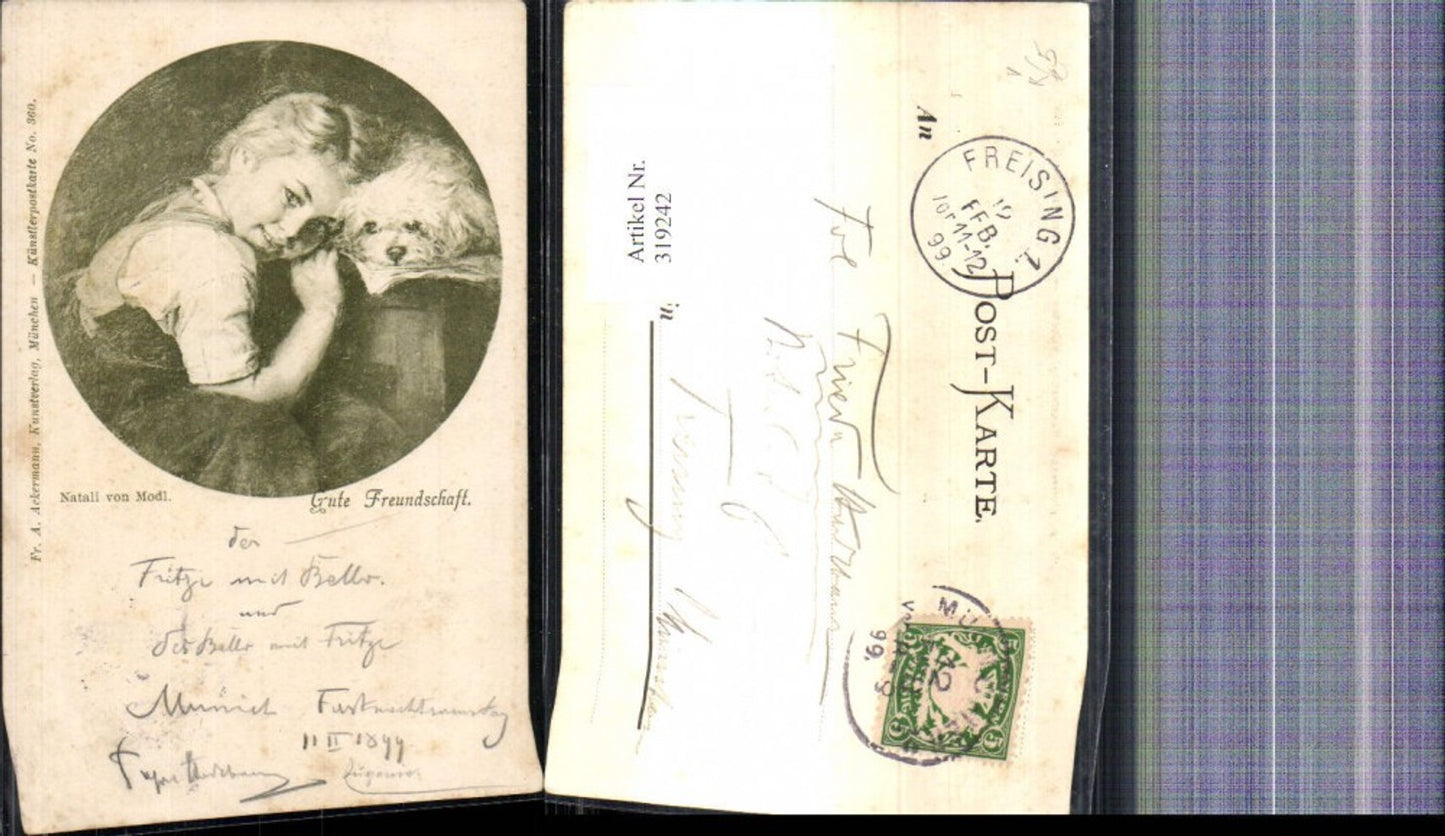319242,Künstler Ak Natali von Modl Gute Freundschaft Mädchen m. Hund pub F. A. Ackermann 360