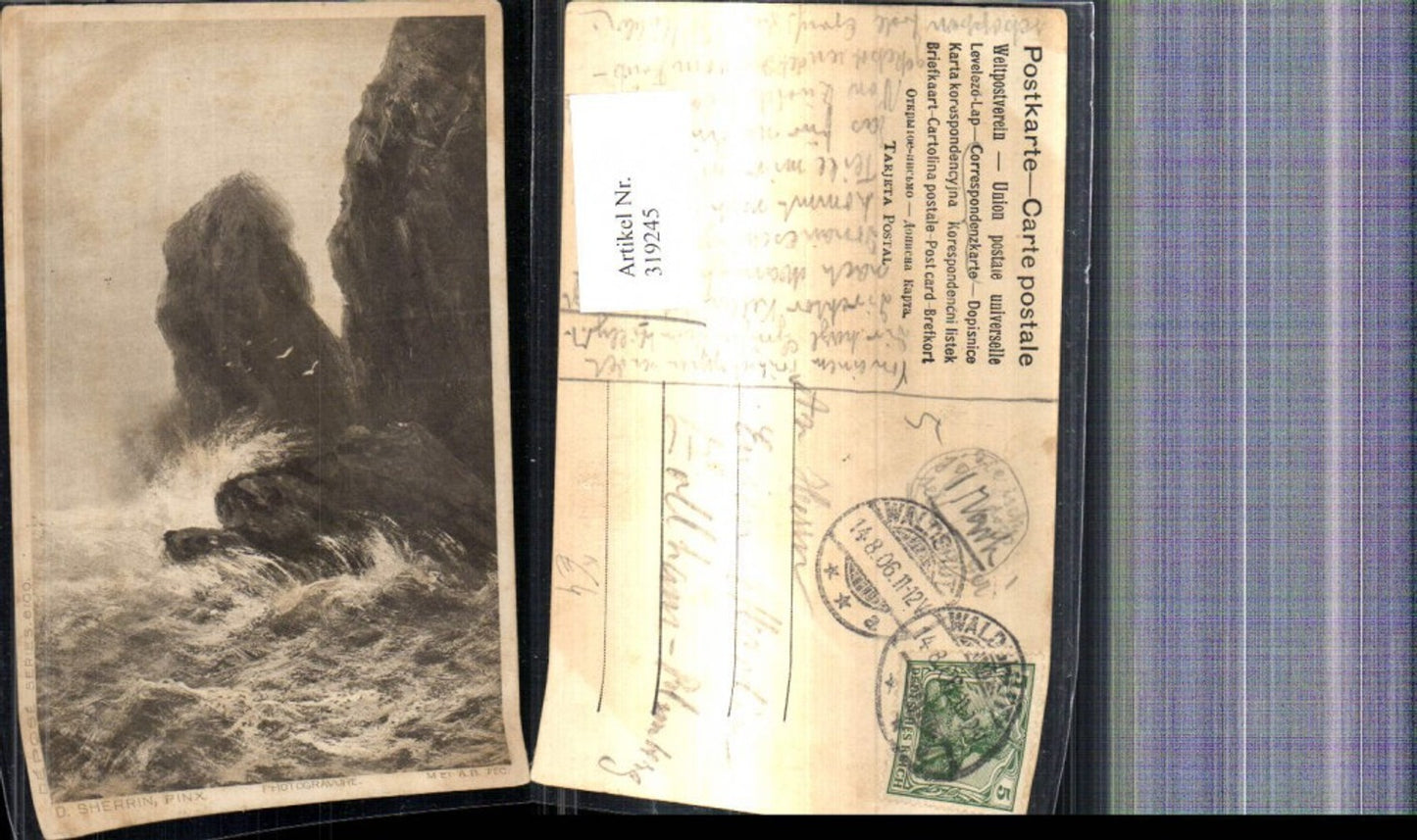 319245,Künstler Ak D. Sherrin Küste Brandung Felsen