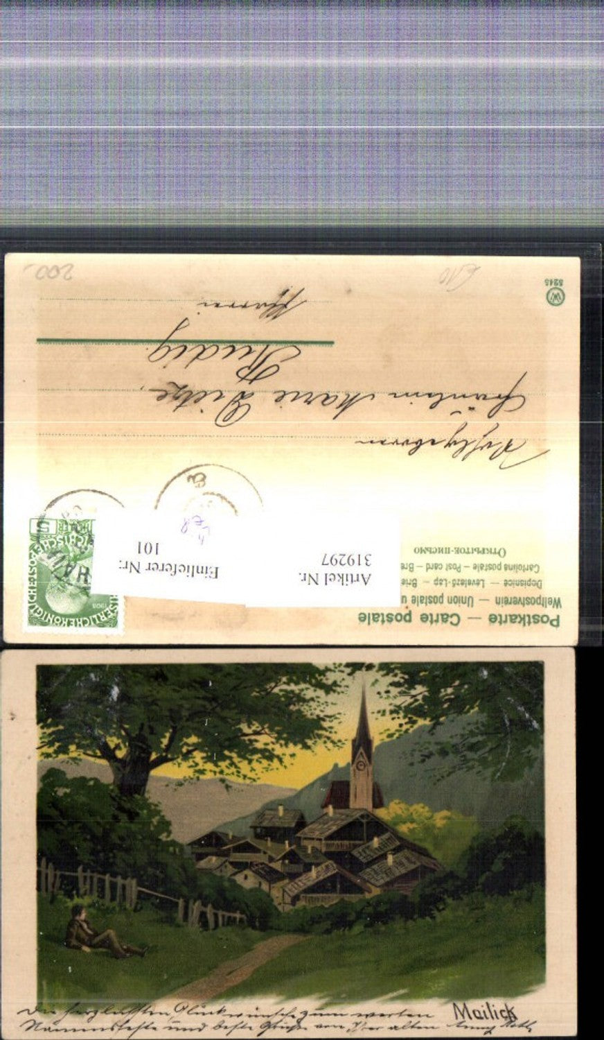 319297,Künstler Litho Alfred Mailick Mann blickt a. Dorf Landschaft