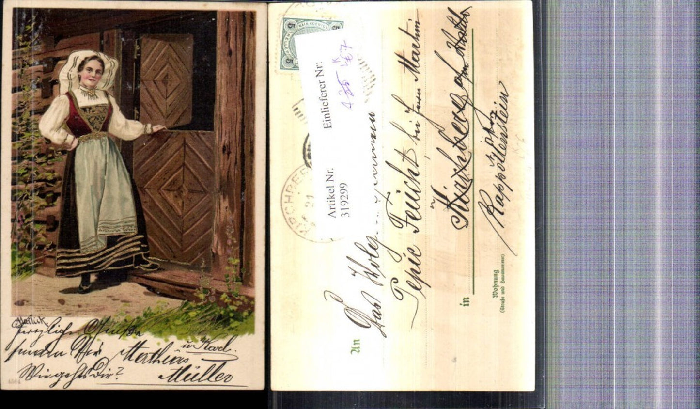 319299,Präge Künstler Litho Alfred Mailick Frau i. Tracht v. Tür Goldverzierung