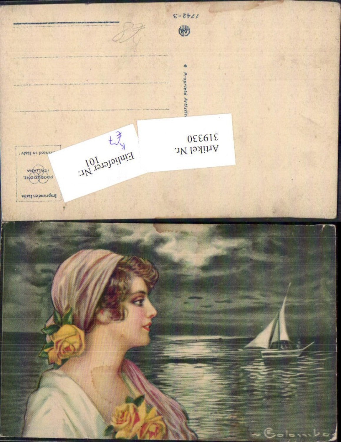 319330,Künstler Ak E. Colombo Frau Kopftuch Rosen Segelboot