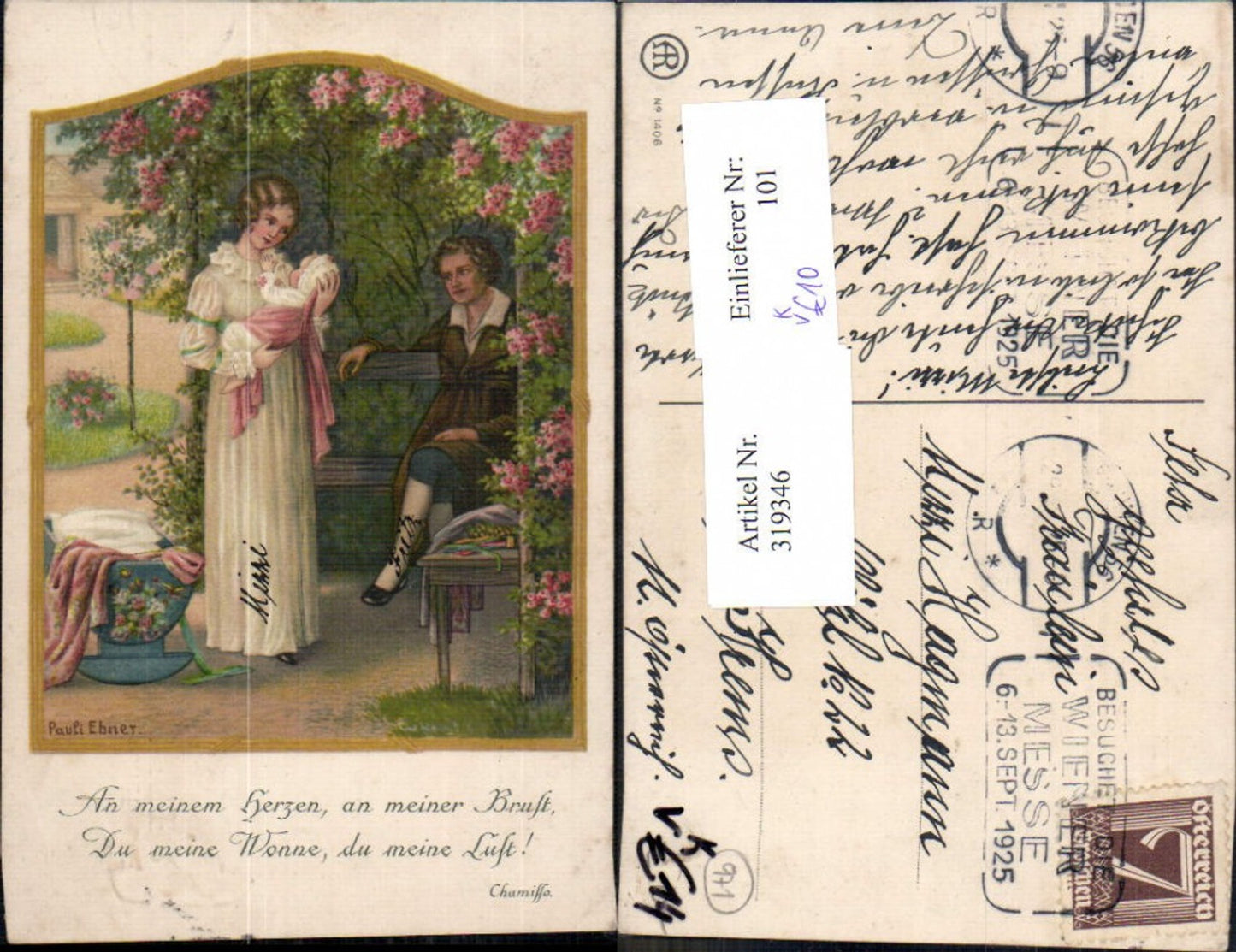 319346,Künstler Ak Pauli Ebner Paar m. Kind Baby Wiege Rosenlaube Spruch pub August Rökl 1406