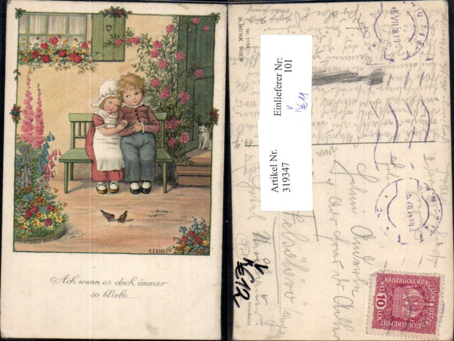 319347,Künstler Ak Pauli Ebner Kinder v. Haus Katze Blumen Vögel Spruch M. Munk 1158