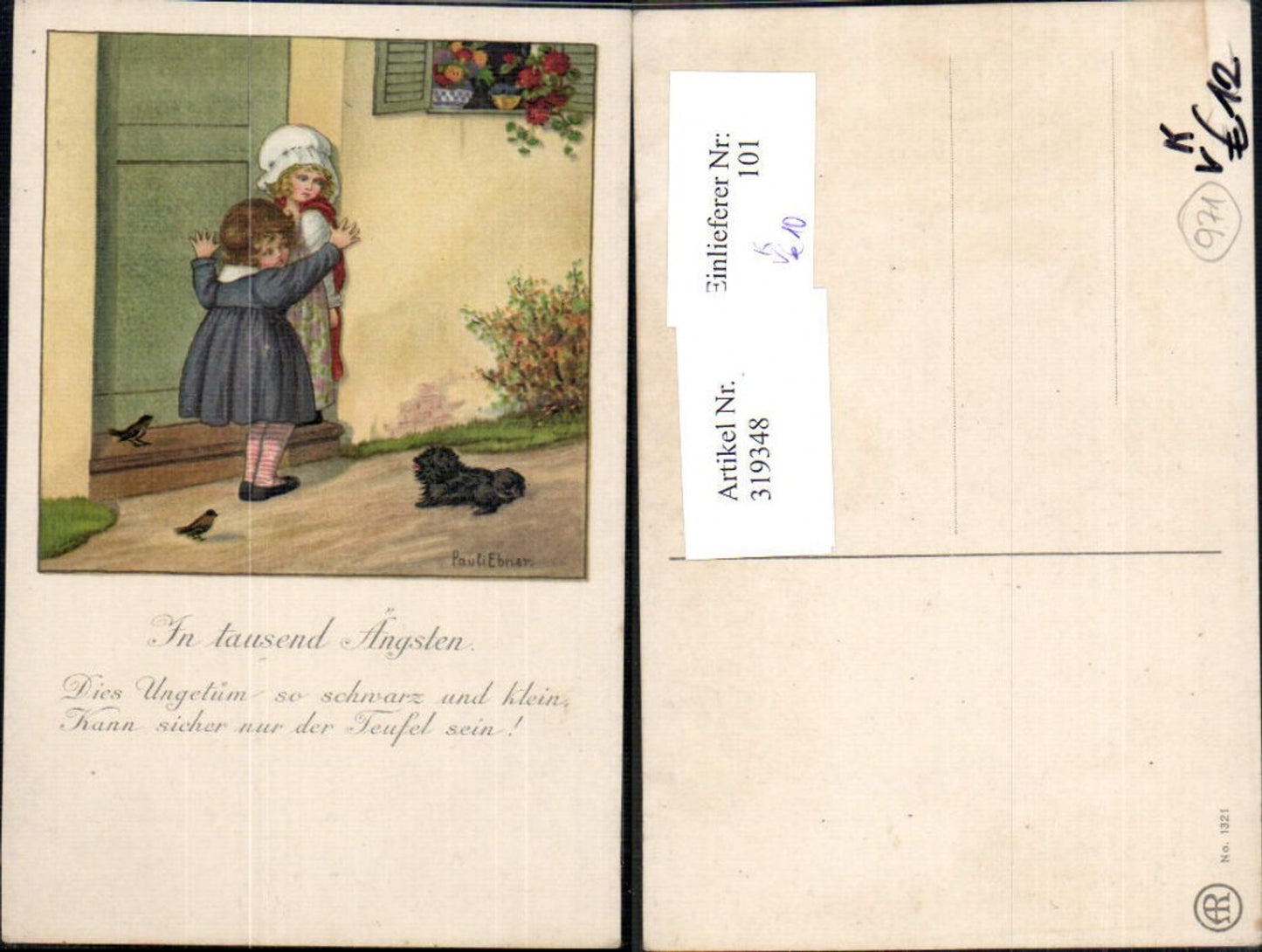 319348,Künstler Ak Pauli Ebner Mädchen Hund Vögel v. Tür Spruch pub August Rökl 1321