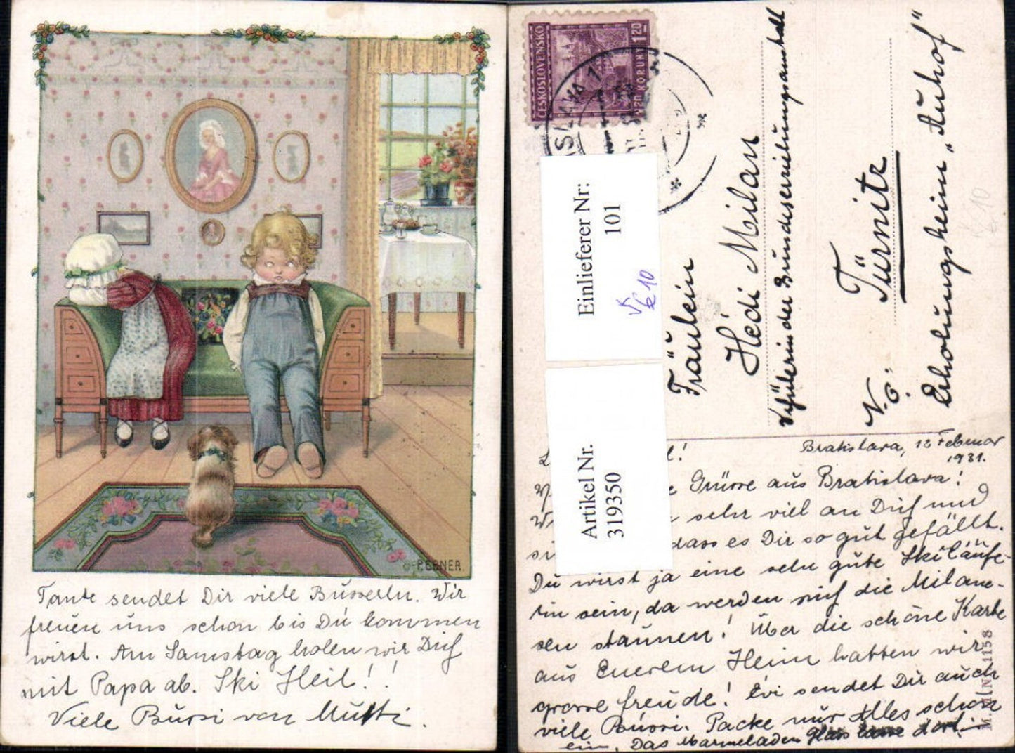 319350,Künstler Ak Pauli Ebner Kinder m. Hund a. Bank pub M. Munk 1158