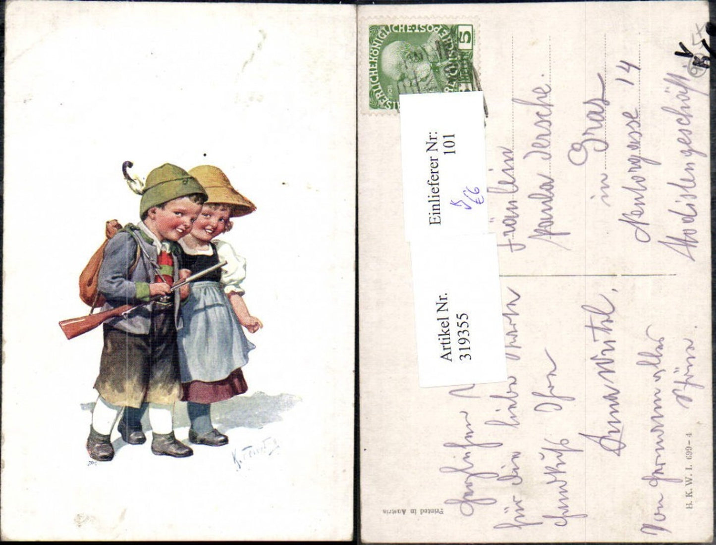 319355,Künstler Ak Feiertag Karl Kinder Tracht Hut Gewehr Rucksack pub pub B.K.W.I. Brüder Kohn 699/4