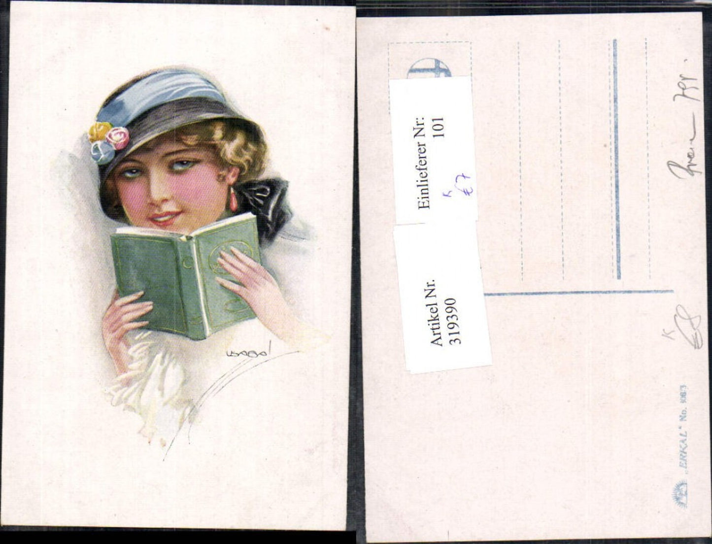 319390,Künstler Ak Louis Usabal Frau Hut liest Buch Lesen Portrait