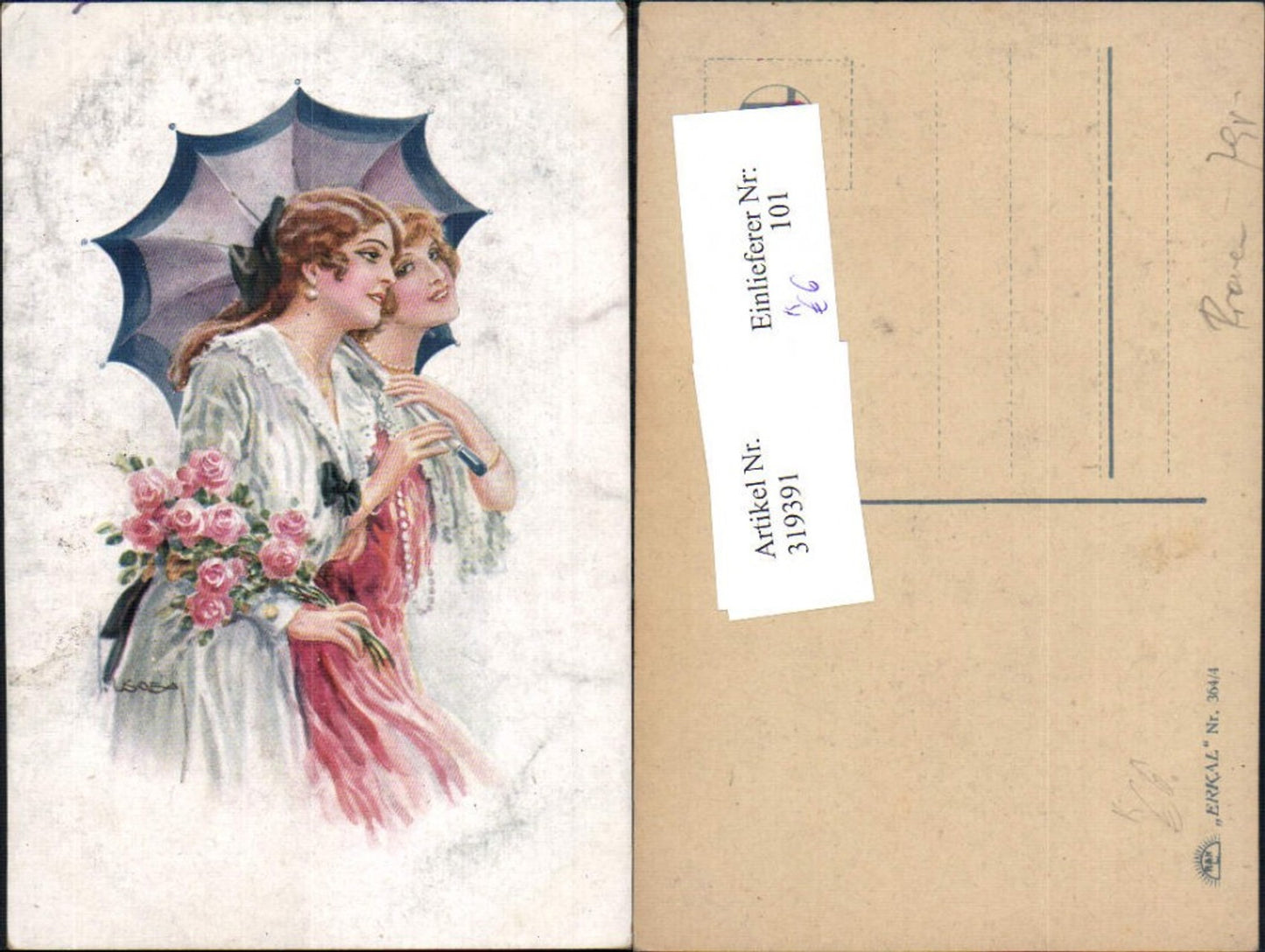 319391,Künstler Ak Louis Usabal Frauen Kleid Schirm Rosenstrauß Blumen