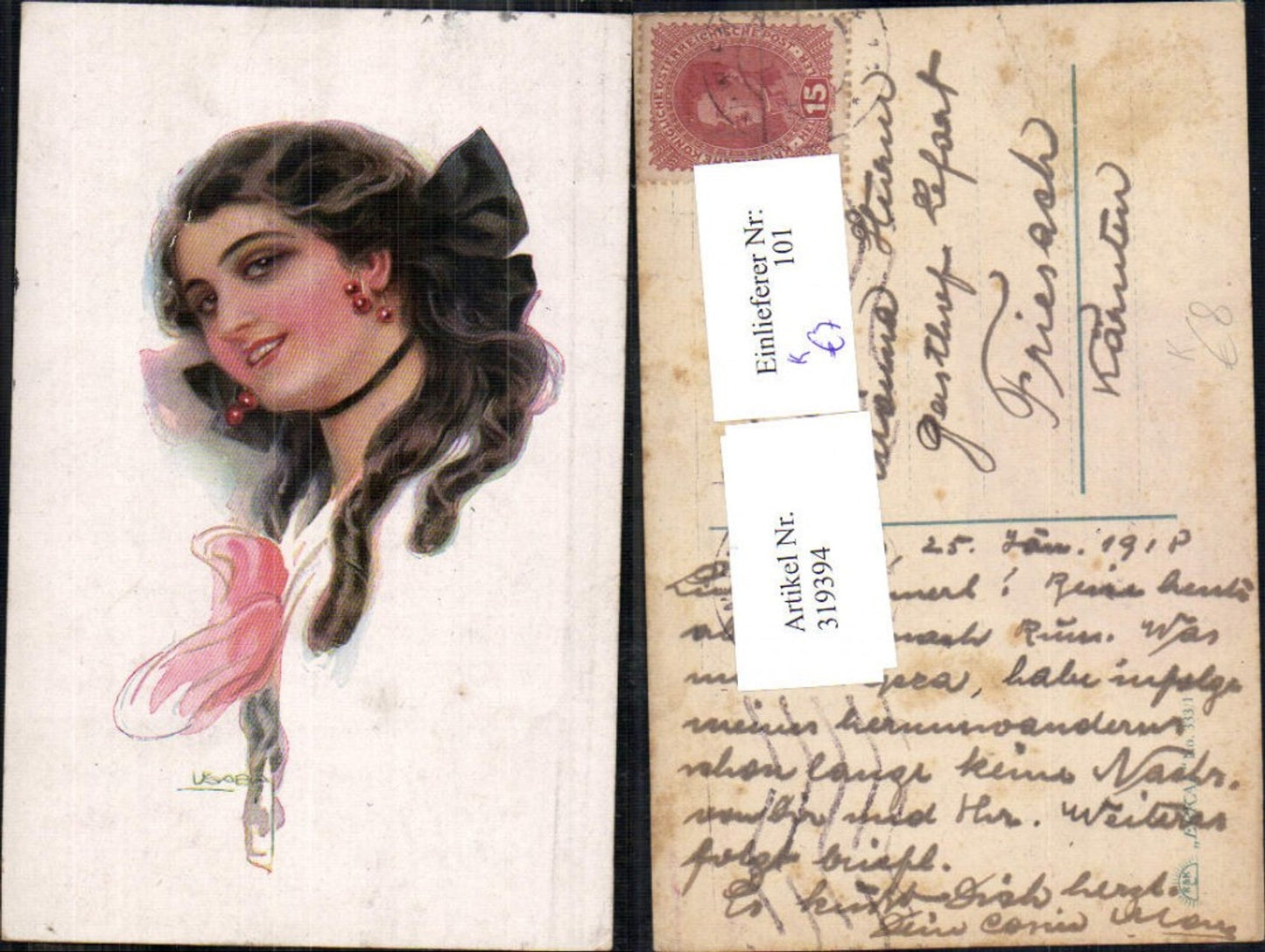 319394,Künstler Ak Louis Usabal Frau Haarschleife Kirschen b. Ohren Portrait