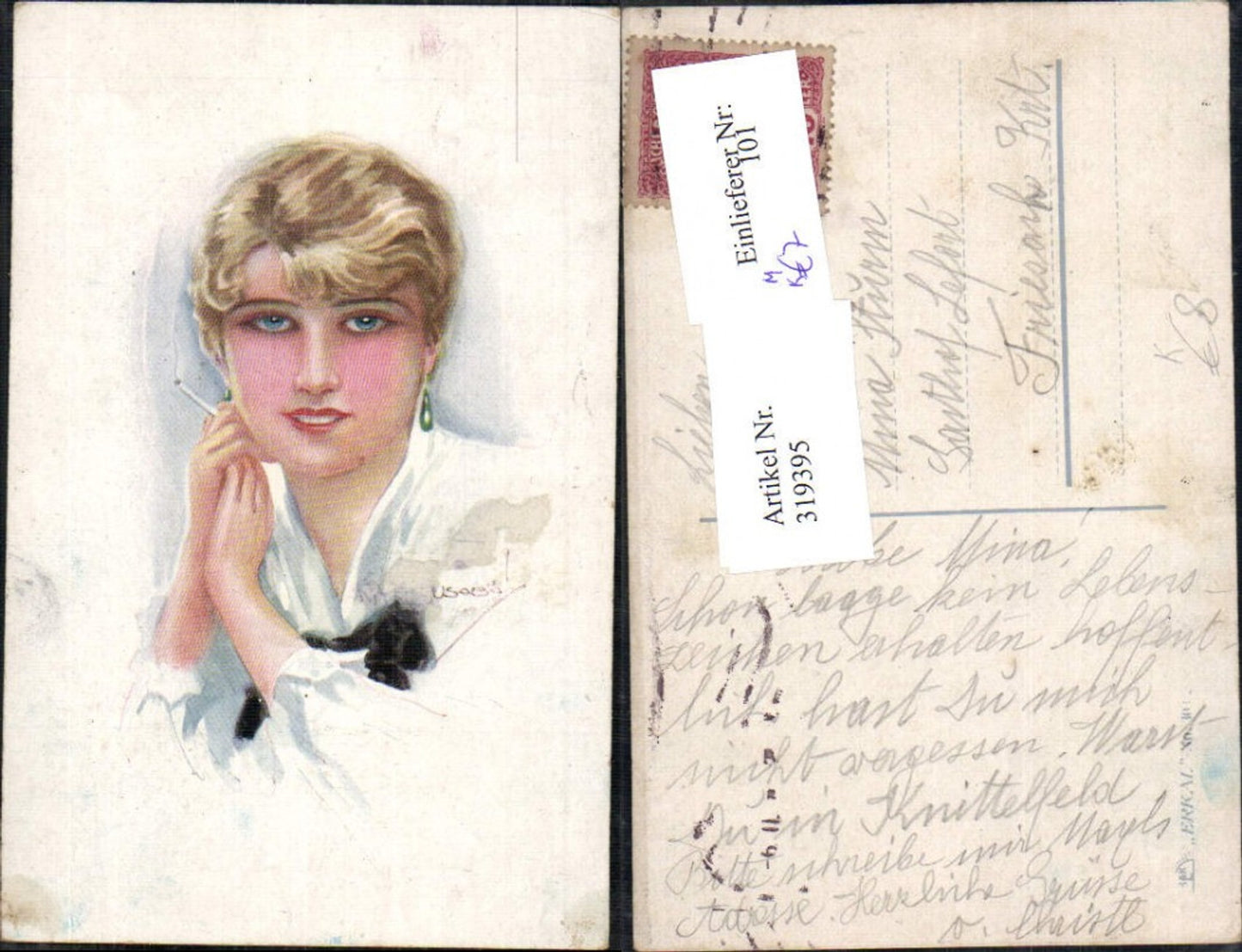 319395,Künstler Ak Louis Usabal Frau Zigarette Rauchen Ohrringe