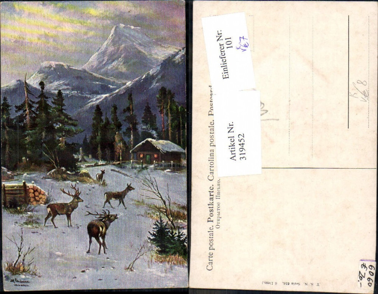 319452,Künstler Ak Alfred Schönian Hirsche Rehe Wild Winterwald Hütte b. Nacht pub Theo Stroefer 616