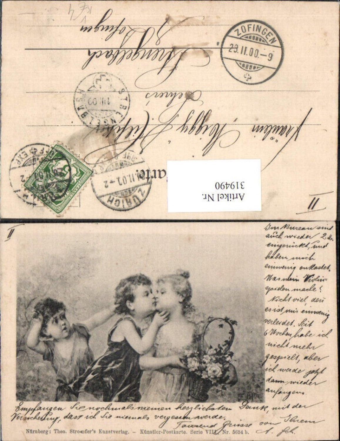 319490,Theo Stroefer VIII/5634b Kinder Kuss Korb m. Blumen