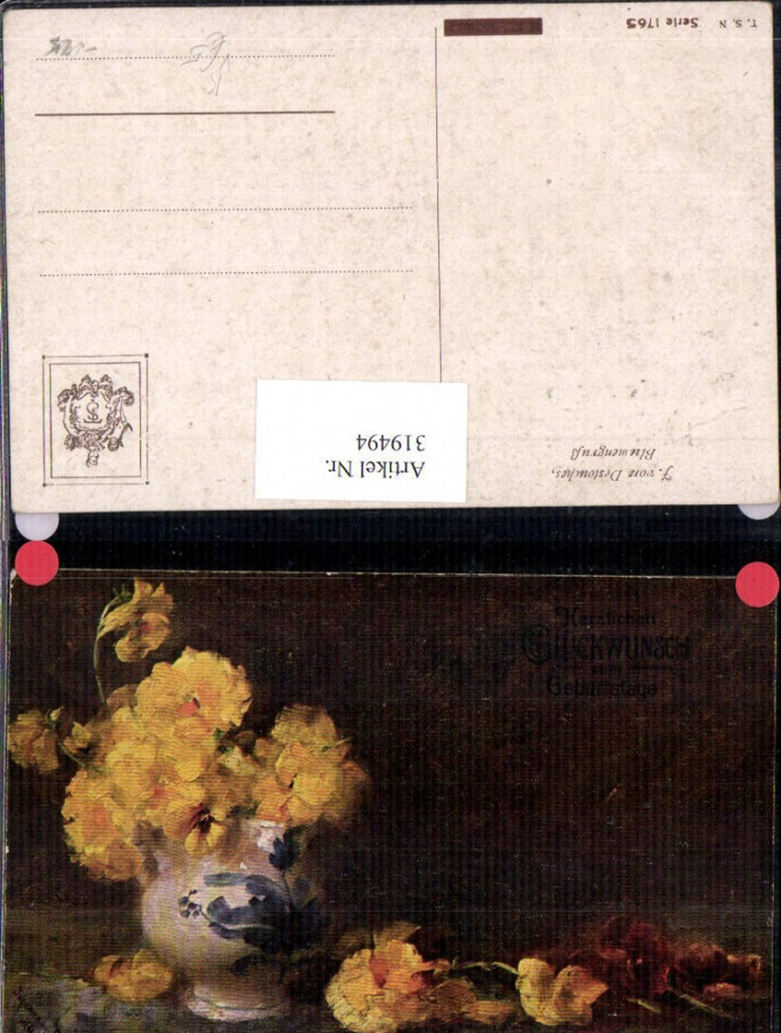 319494,Theo Stroefer Münchner Kunst 29 J. von Destouches Blumengruß Vase Blumen