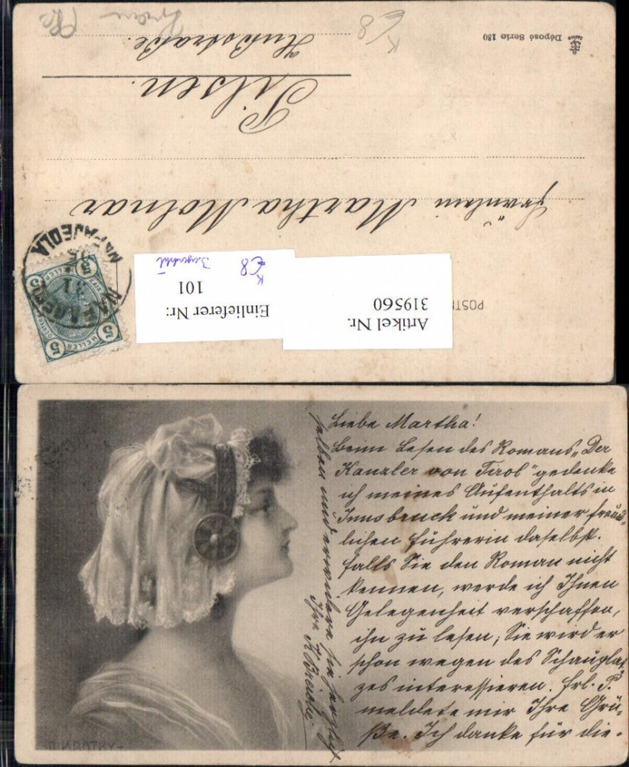 319560,Jugendstil Künstler Ak Frau Kopfschmuck Haube Portrait