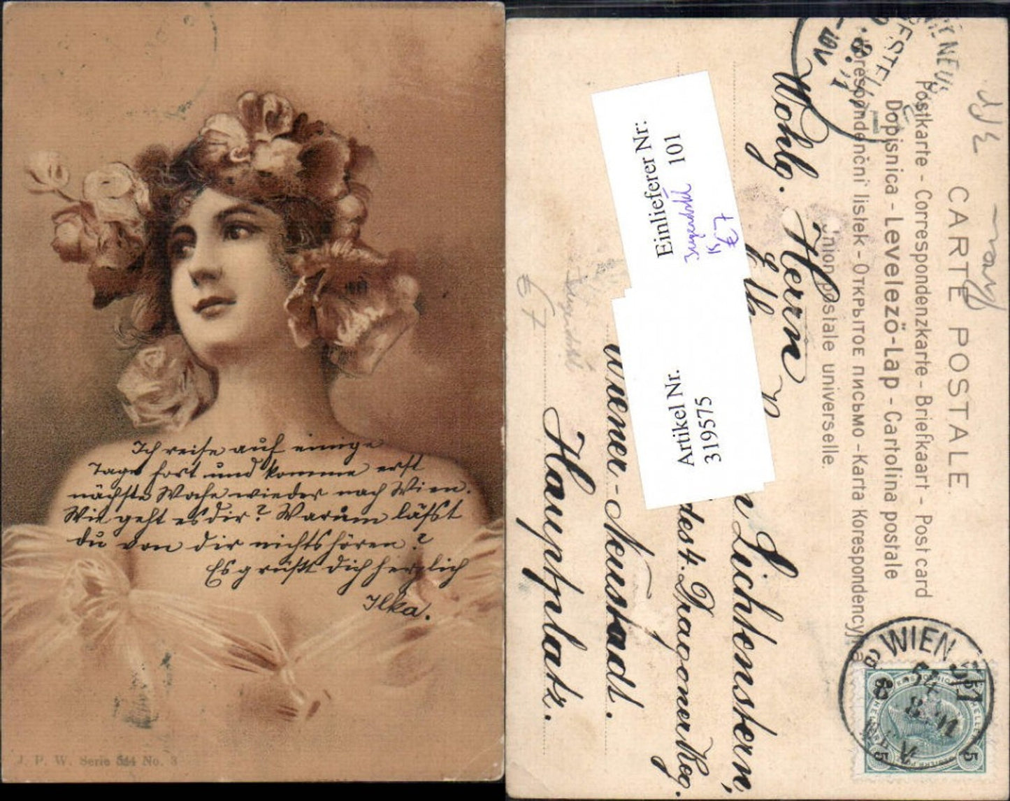 319575,Jugendstil Künstler Ak Frauenkopf Blumen i. Haar