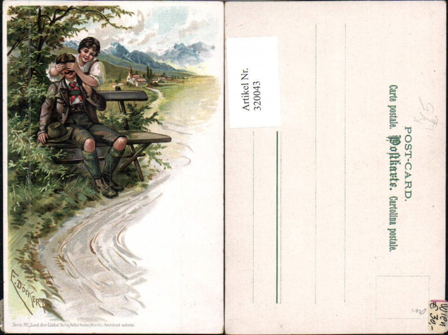 320043,Künstler Litho E. Döcker Serie XVI Lied d. Liebe Paar Jäger Bank Jagd