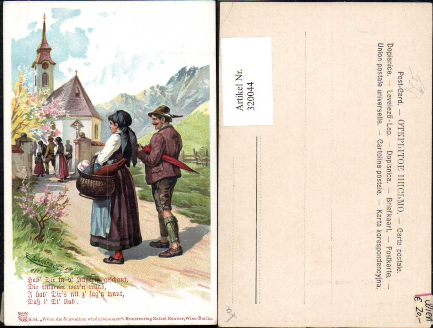 320044,Künstler Litho E. Döcker Serie 54 Wenn die Schwalben wiederkommen Paar Kirche