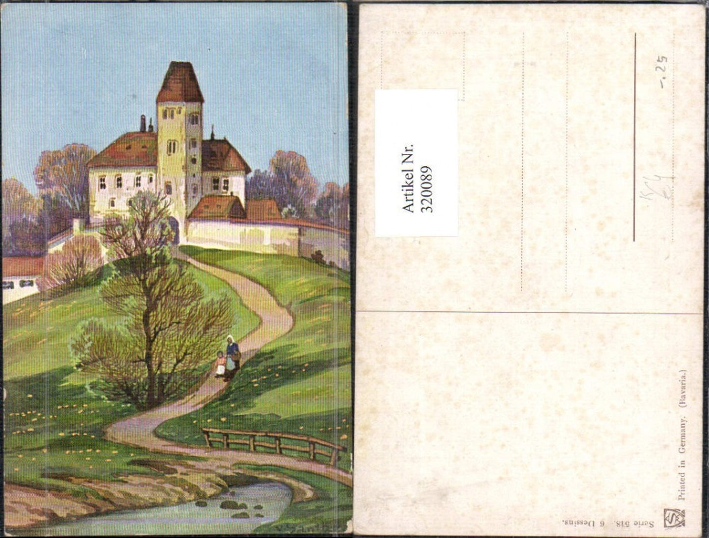 320089,Künstler Ak V. Santhö Santho Frau m. Kind Weg Schloss Burg Landschaft