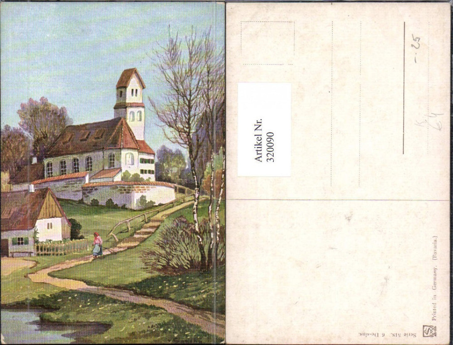 320090,Künstler Ak V. Santhö Santho Frau a. Weg Kirche Landschaft