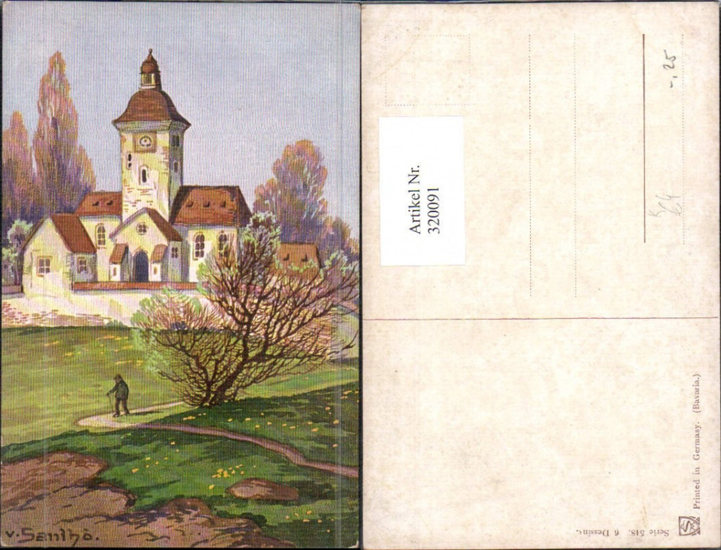 320091,Künstler Ak V. Santhö Santho Alter Mann Wanderer a. Weg Kirche Landschaft
