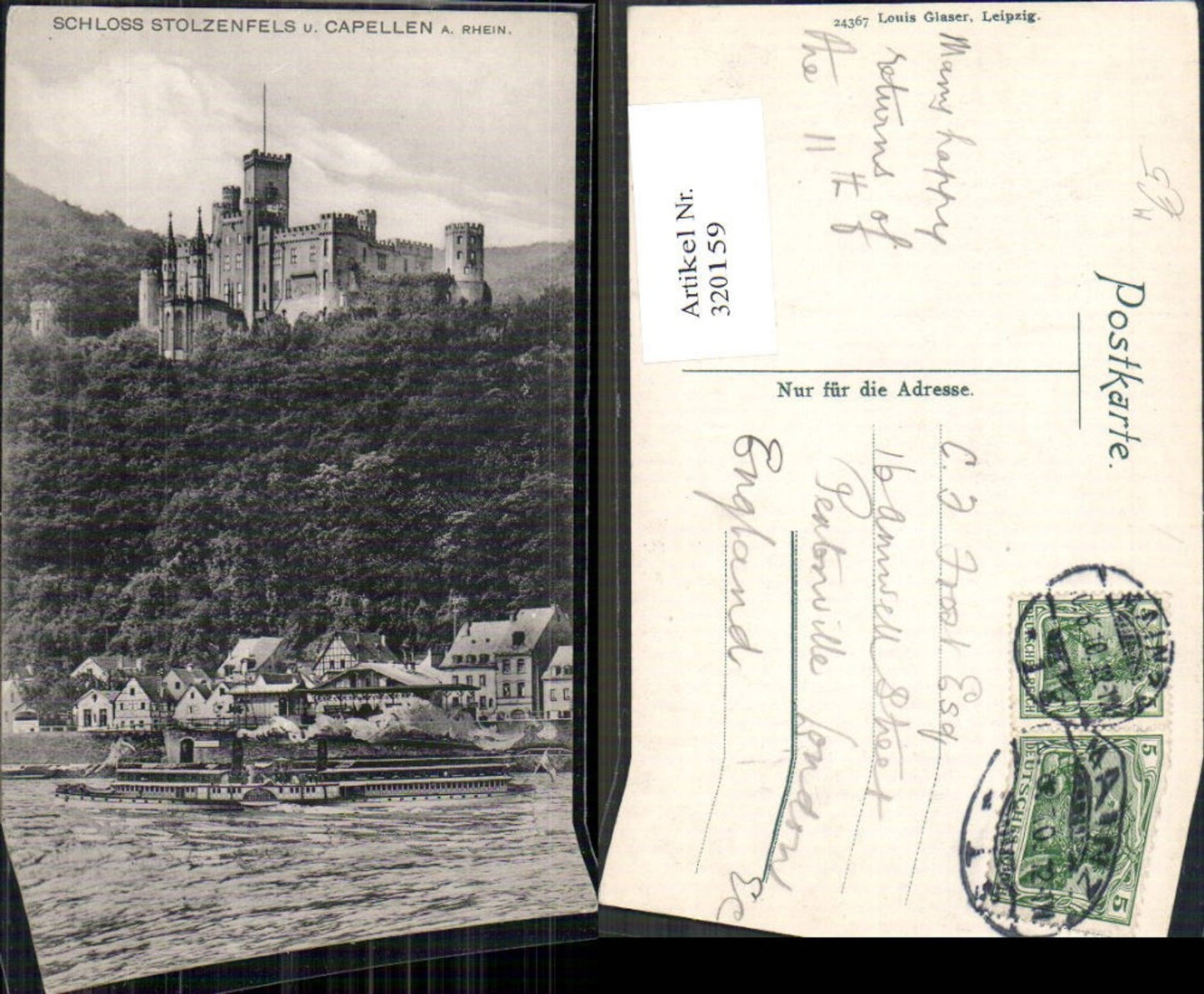 320159,Schloss Stolzenfels u. Capellen a. Rhein Schiff Dampfer