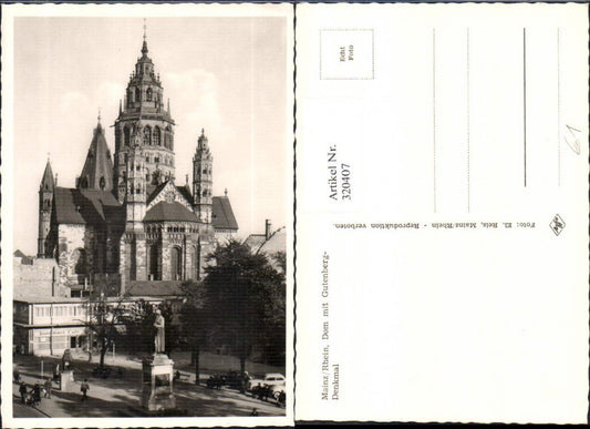 320407,Foto Ak Mainz a. Rhein Dom m. Gutenberg Denkmal Kirche