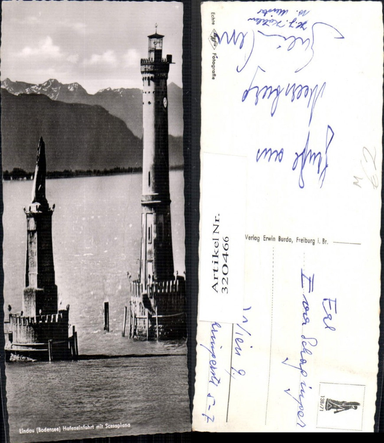320466,Foto Ak Lindau a. Bodensee Leuchtturm Löwendenkmal Hafeneinfahrt m. Scesaplana