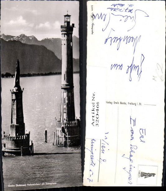 320466,Foto Ak Lindau a. Bodensee Leuchtturm Löwendenkmal Hafeneinfahrt m. Scesaplana