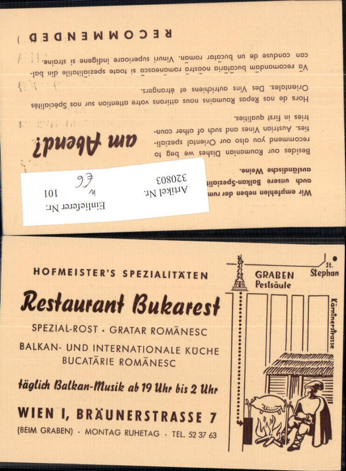 320803,Reklame Restaurant Bukarest Wien Hofmeisters Spezialitäten