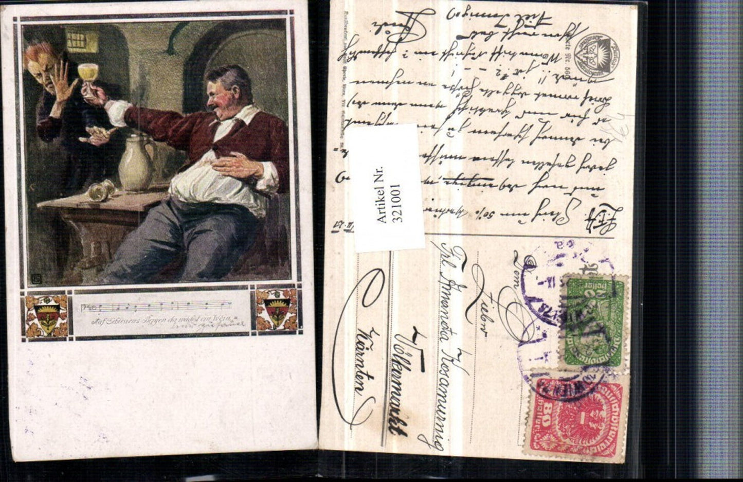 321001,Deutscher Schulverein 560 Künstlerkarte Schlesien Mann m. Wein Dracula
