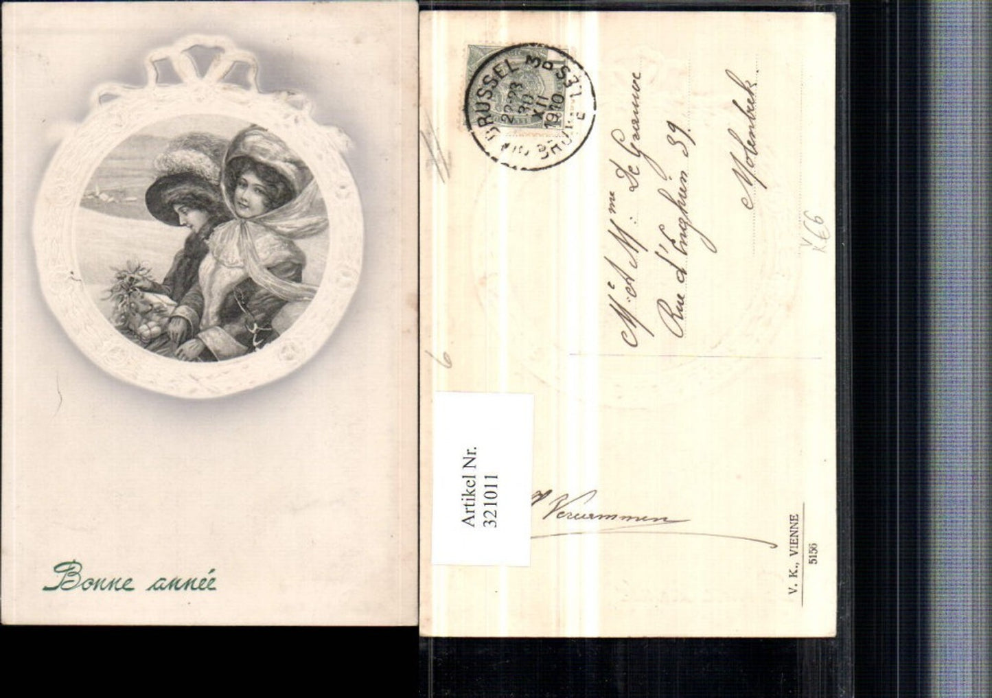 321011,V.K. Vienne 5156 Künstlerkarte Neujahr Frauen m. Hut Geschenke Präge Passepartout